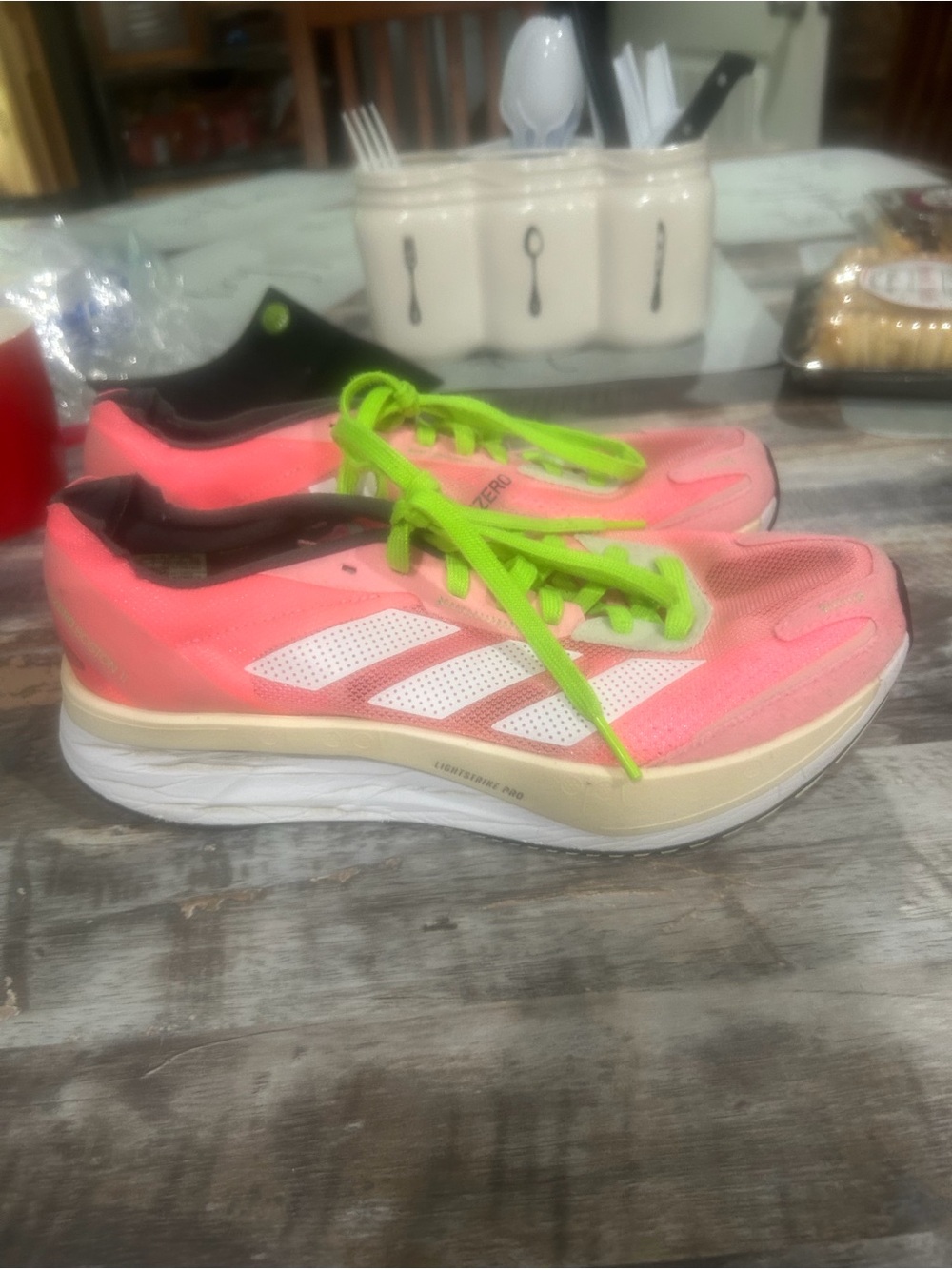 Women’s Adidas Adizero Coral Pink Running Shoes with Neon Green Laces